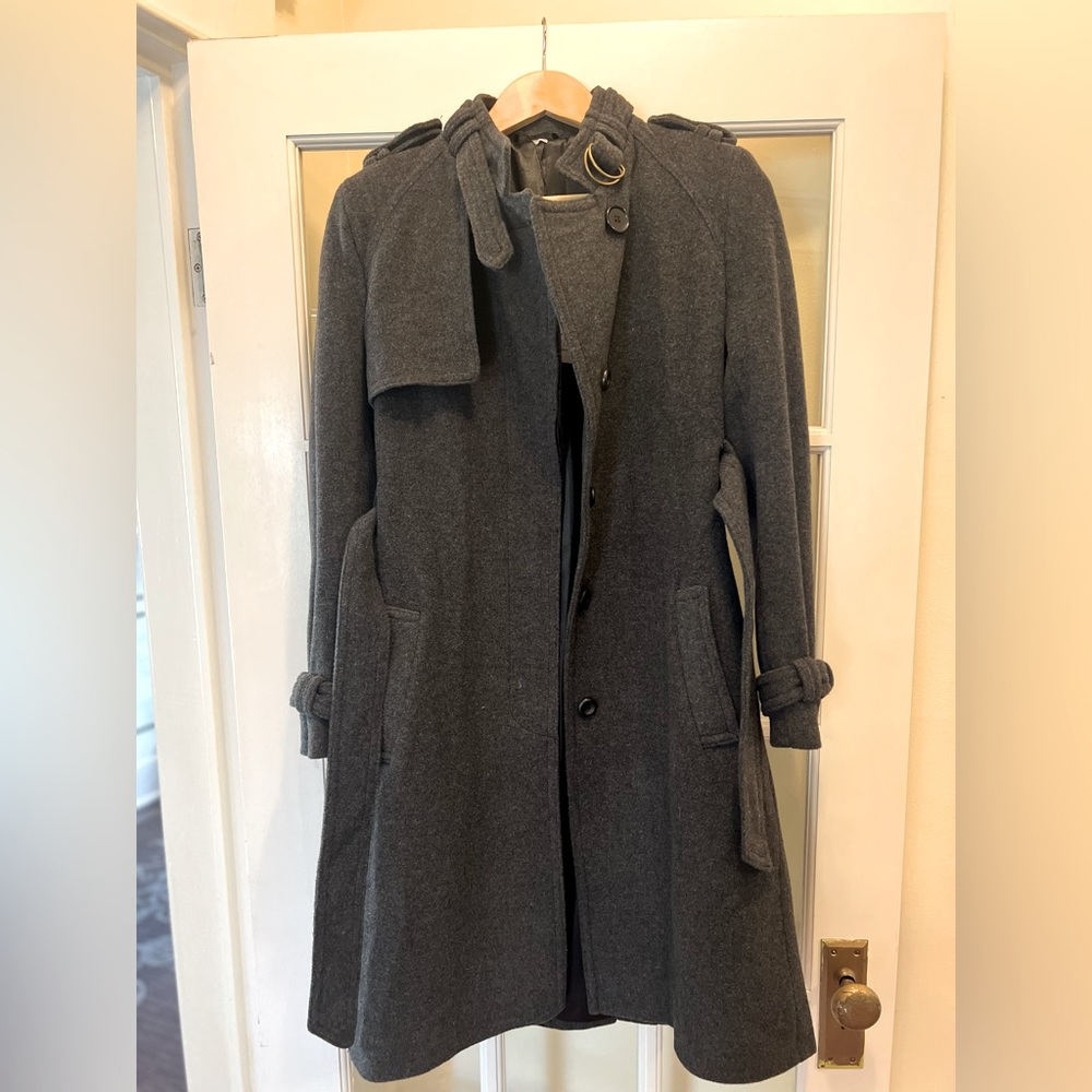 Grey tailored stylish collarless trench coat